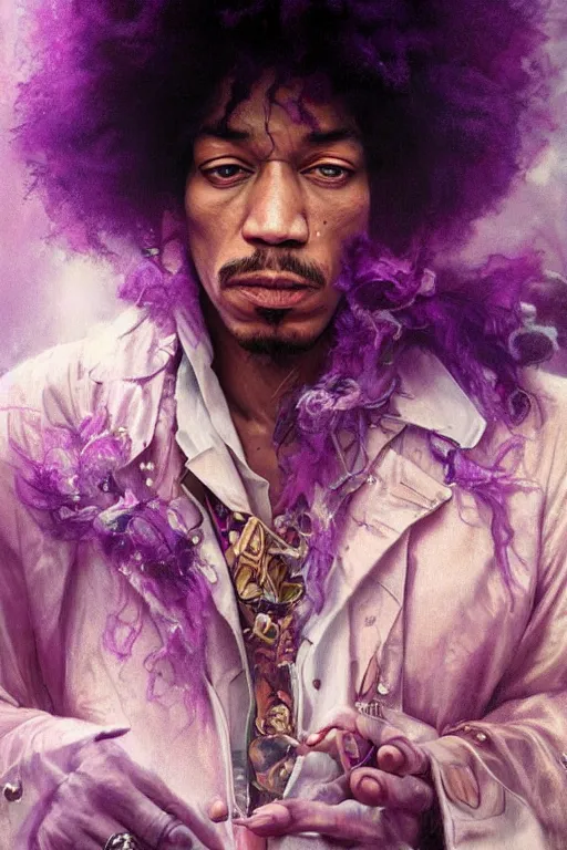 Image similar to A mystical mesmerizing 8k hyperrealistic Photo Portrait jimi hendrix transforming into a purple haze, soft, sharp focus, detailed, art by Greg Rutkowski and artgerm and Alphonse Mucha