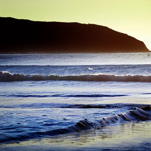 Prompt: perfect wave breaking in shallow clear water front view, hollister ranch, offshore winds, kelp, islands on horizon, late afternoon