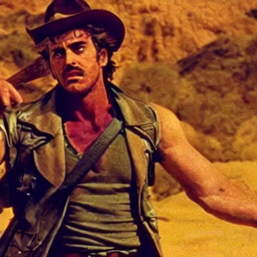 Prompt: a film still of Joseph Joestar from Battle Tendency in Raiders of the Lost Ark(1981)