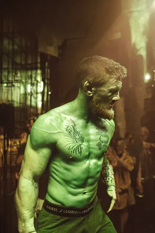 Image similar to connor mcgregor dressed like the hulk, 8 k, hdr, great light, gustave courbet, annie leibowitz