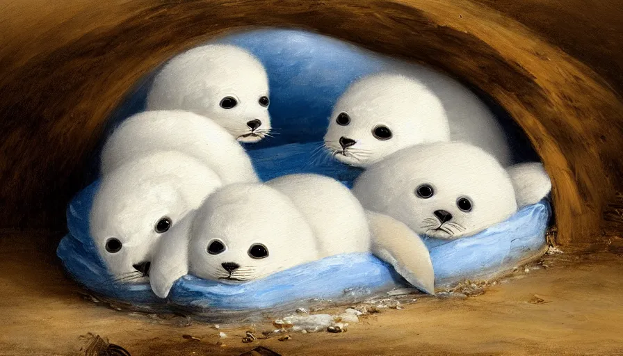 Image similar to highly detailed painting of cute furry white baby seals cuddled up in an igloo by william turner, thick brush strokes and visible paint layers, 4 k resolution, blue and white colour scheme