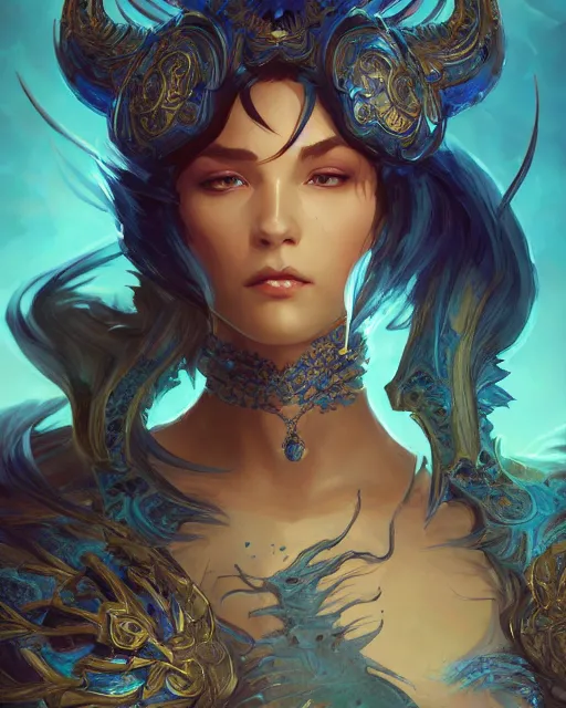 Image similar to Portrait of an azure dragon person, HD, illustration, epic, D&D, fantasy, intricate, elegant, highly detailed, digital painting, artstation, concept art, smooth, sharp focus, illustration, art by artgerm and greg rutkowski and alphonse mucha, monster hunter illustrations art book