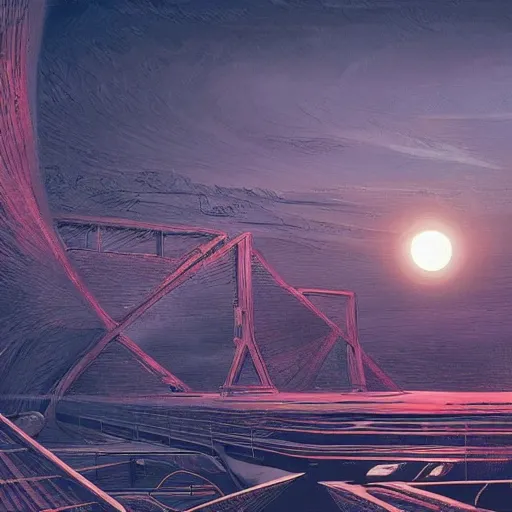 Image similar to a wide, deep crack on a red moon with no atmosphere, industrial space colony on both sides of the crack, bridges crossing the gap, sci - fi art by cornelius dammrich