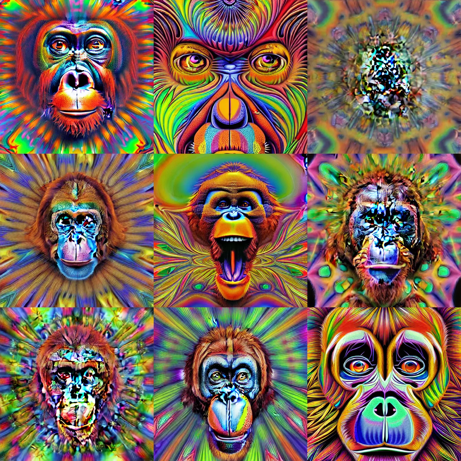 Prompt: kaleidoscopic view of an orangutan in lsd view, colorful, trippy, psychedelic, vibrant colors, pop art, highly detailed, hyper realistic