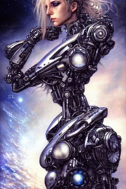 Prompt: a beautiful robot fighter pilot, fantasy, portrait, sharp focus, intricate, elegant, illustration, ambient lighting, art by Luis Royo