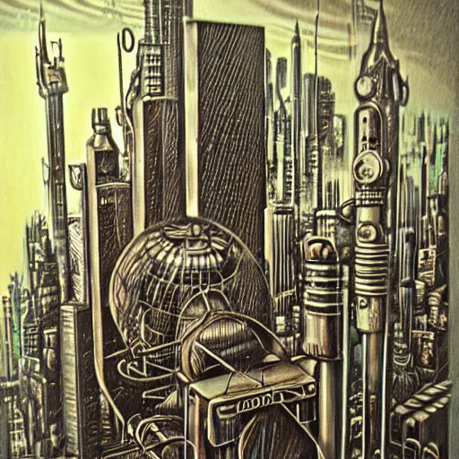 Image similar to grainy vintage 70s airbrush art, steampunk metropolis, highly detailed