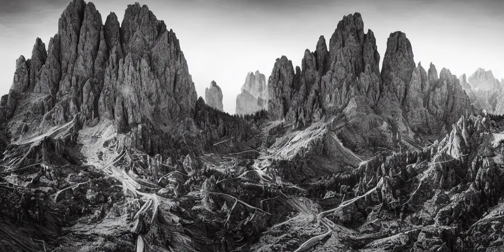 Image similar to photography of dolomites overgrown by roots, dolomites, alpine, detailed intricate insanely detailed octane render, 8k artistic 1920s photography, photorealistic, chiaroscuro, black and white, hd, by David Cronenberg, Raphael, Caravaggio