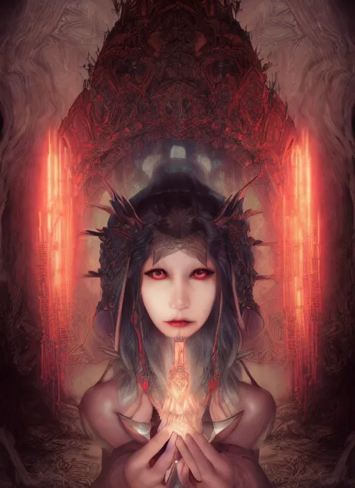 Image similar to breathtaking detailed painting of evil fantasy sorceress, dark castle setting, with anxious, piercing eyes, Atari game cover art by Hsiao-Ron Cheng, James jean, Miho Hirano, Hayao Miyazaki, extremely moody lighting, hyperrealistic, octane render, RPG portrait, ambient light, dynamic lighting