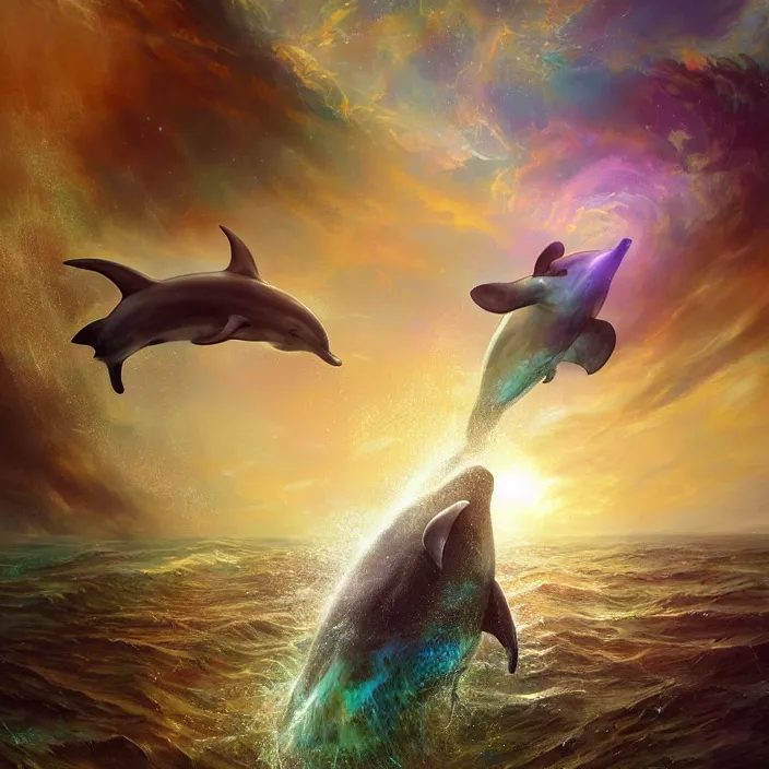 Prompt: glimmering whale, dolphins, golden hour, god rays, coral reef, dreamscape by artgerm and ruan jia and ismail inceoglu and greg olsen, cosmos, milky way galaxy, masterpiece, beautiful, intricate, elegant, highly detailed