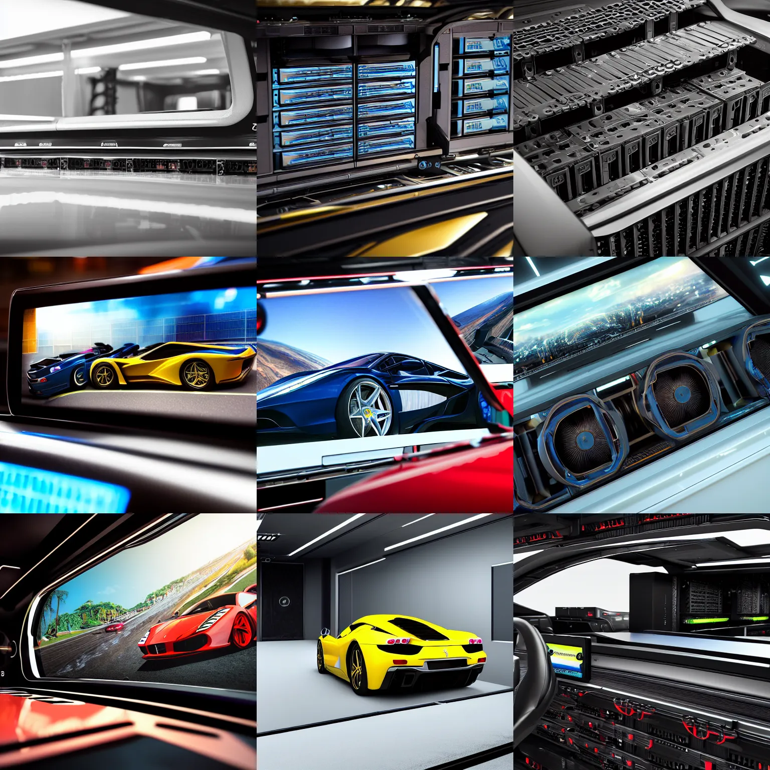 Prompt: a closeup photorealistic photograph of server rack in the back of a ferarri car. bright scene. fine detail. this 4 k hd image is trending on artstation, featured on behance, well - rendered, extra crisp, features intricate detail, epic composition and the style of unreal engine.