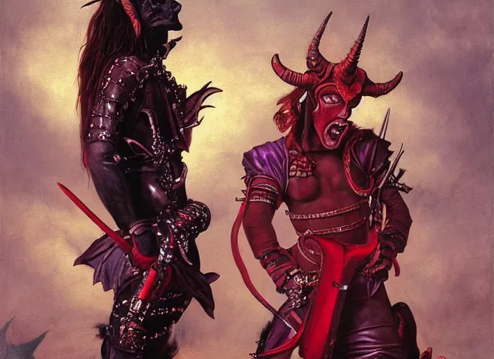 Prompt: a tiefling with brilliant red skin and horns, wearing purple. leather and spiked boots. guitar. heavy metal. edgar maxence and caravaggio and michael whelan and delacroix style, artistic, intricate painting, cinematic lighting, hyper realistic, extremely detailed, vivid colors, establishing shot, dramatic lighting