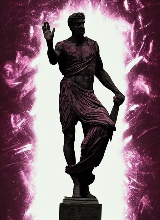 Image similar to design poster showing a statue of julius caesar, black background with very subtle red and purple design elements, powerful, nekro, graphic design, collage art, thin lines, dark, glitch art, neo vaporwave, gritty, layout frame, square, trending on artstation