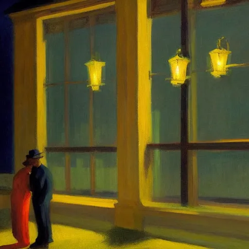 Prompt: beautiful lit lanterns flying in the night sky, edward hopper art style, 4 k