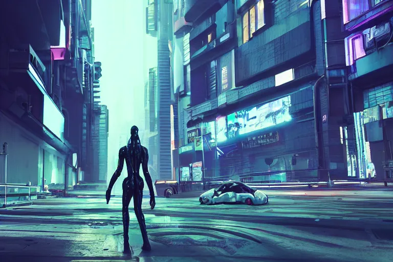 Image similar to cyberpunk alien concept inspired street, futuristic look, highly detailed body, very powerful, photorealistic camera shot, bright studio setting, studio lighting, crisp quality and light reflections, unreal engine 5 quality render