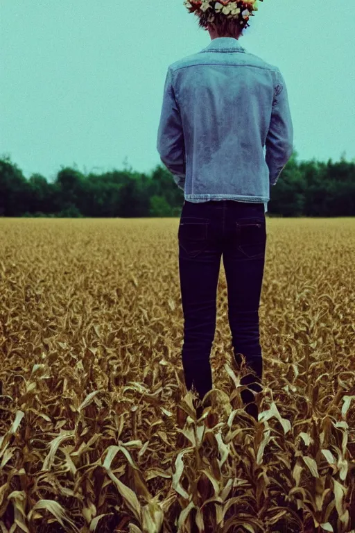 Image similar to agfa vista 4 0 0 photograph of a skinny blonde guy standing in a cornfield, flower crown, back view, grain, moody lighting, telephoto, 9 0 s vibe, blurry background, vaporwave colors!, faded!,