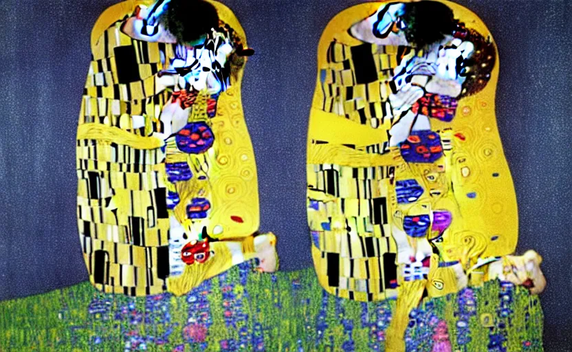 Image similar to cloud strife kissing aerith gainsborough, the kiss, gustav klimt, oil painting