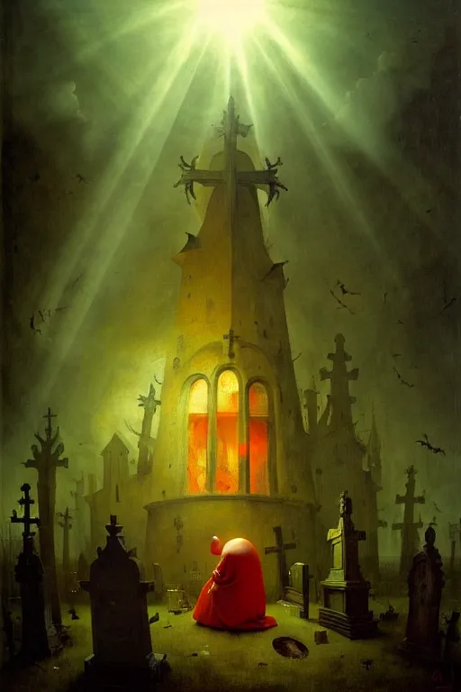 Prompt: hieronymus bosch, greg rutkowski, anna podedworna, painting of a fat white blob person with red hair, god rays, wide shot of a graveyard lit by spooky green lights
