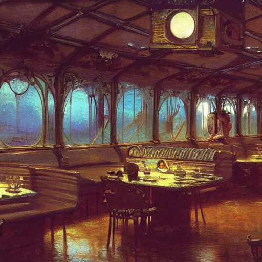 Prompt: painting of syd mead artlilery scifi diner with ornate metal work lands on a farm, filigree ornaments, volumetric lights, red sun, andreas achenbach