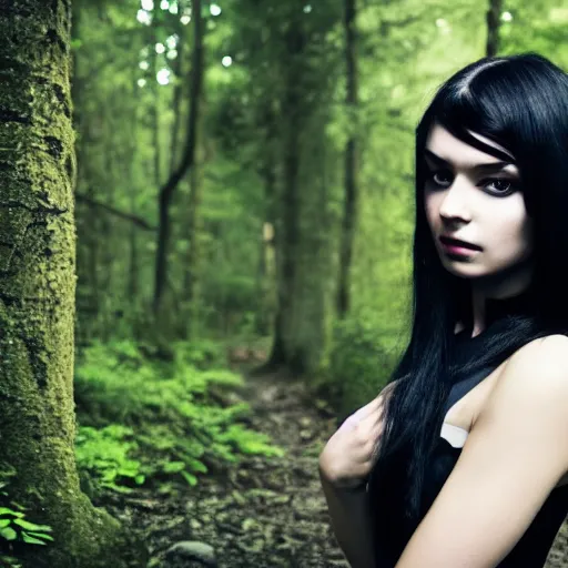 Prompt: photogenic gothic young woman with black hair in dark forest, 8 k, portrait