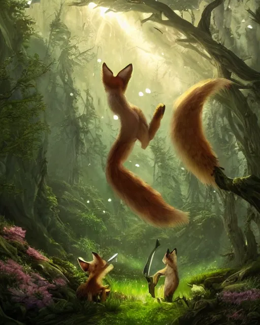 Image similar to Fox, Anthropomorphized, playing harp in magical green forest, D&D, fantasy, cinematic lighting, centered, symmetrical, highly detailed, digital painting, artstation, concept art, smooth, sharp focus, illustration, magic the gathering artwork, volumetric lighting, epic Composition, 8k, art by Akihiko Yoshida and Greg Rutkowski and Craig Mullins, heroic pose, oil painting, cgsociety