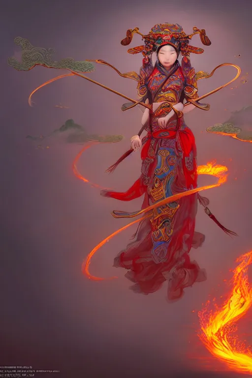 Image similar to nezha flies around swiftly on his wind flame circles in ruin chinese city, masterpiece, chinese mythology, top view, cinematic, fantasy character portrait, highly detailed, by new gods : nezha reborn, nezha : birth of the demon child, ne zha from smite, trending on artstation, concept art, flame everywhere,