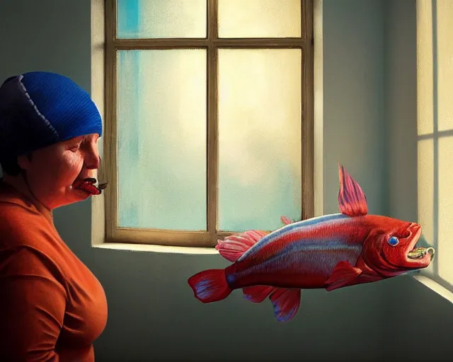 Image similar to an innocent and beautiful scene in hyper realistic style, about an fat old woman painting a huge colorful fish on the wall, lighting from the barred window. shadows. 4 k. wide angle. wild mood. red mouth, blue eyes. deep focus, lovely scene. ambient occlusion render. unreal engine.