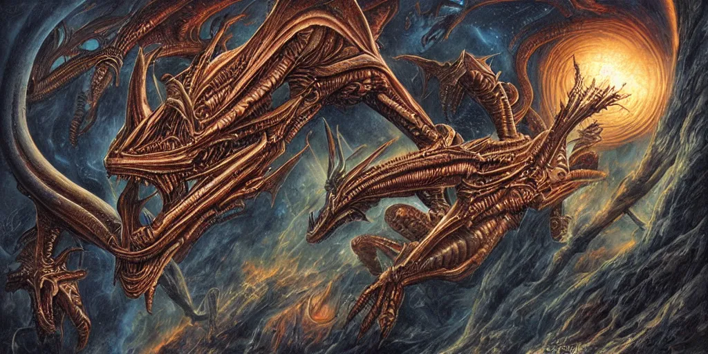 Image similar to alien space dragon by dan seagrave art