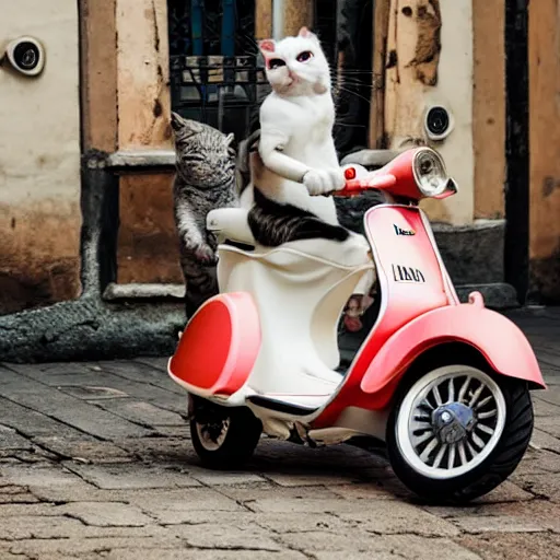 Image similar to cat riding an italian vespa scooter, photography 4 k