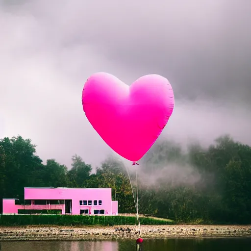 Image similar to a 5 0 mm lens photograph of a cute pink floating modern house, floating in the air between clouds, inspired by the movie up, held up from above by a heart - shaped ballon. mist, playful composition canon, nikon, award winning, photo of the year