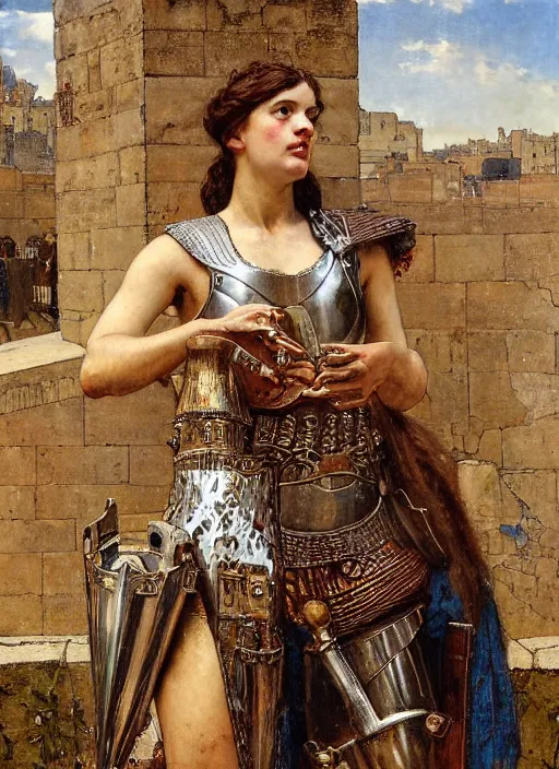 Prompt: portrait of helen of troy in armour outside the city walls, by lawrence alma tadema and rick berry and norman rockwell