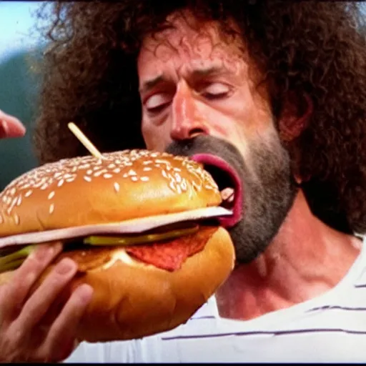 Image similar to kenny g unhinging his jaw to eat a gigantic burger, epic, cinematic, realism, ultra detailed, 8 k, film still