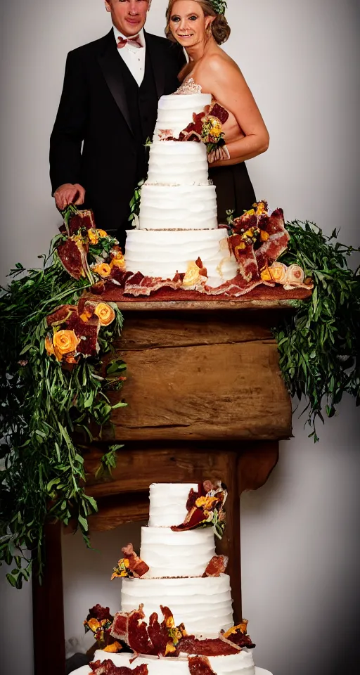 Image similar to a wedding cake made of bacon, professional food photo, by linda eastman, bride and groom on top of the wedding cake,