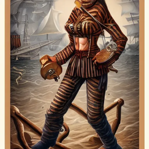 Image similar to full body concept art of a female pirate by Jacek Yerka