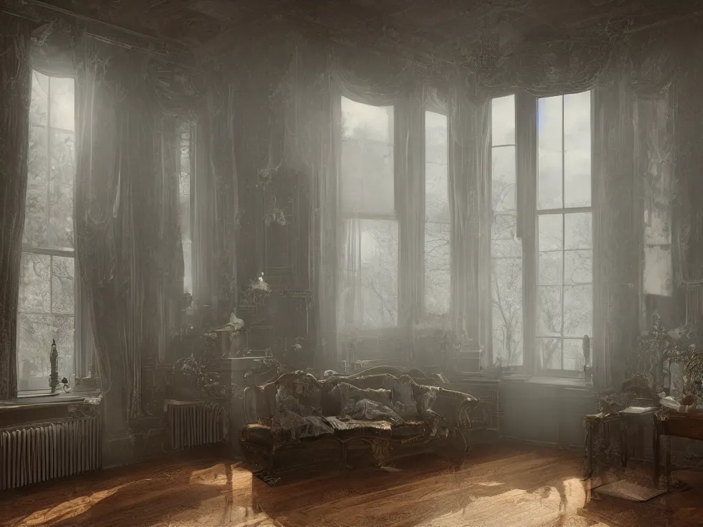 Prompt: richly decorated Victorian house with a moog modular synthesizer, modern, beautiful, detailed wood, photorealistic, photorealism, lightning, clouds, the winter light comes in through a window, volumetric fog