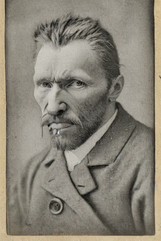 Image similar to a monochrome daguerrotype realistic, supersharp, photographic portrait of vincent van gogh, shallow depth of field