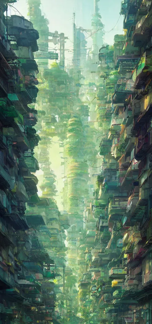 Prompt: Downtown solarpunk utopia, clean streets, green, optimistic, clean and sharp colors, by studio ghibli and greg rutkowski