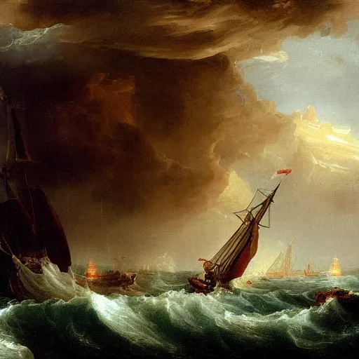 Image similar to an oil painting of an xviii century ship at sea during a thunderstorm, highly detailed, 4 k, painted by thomas cole