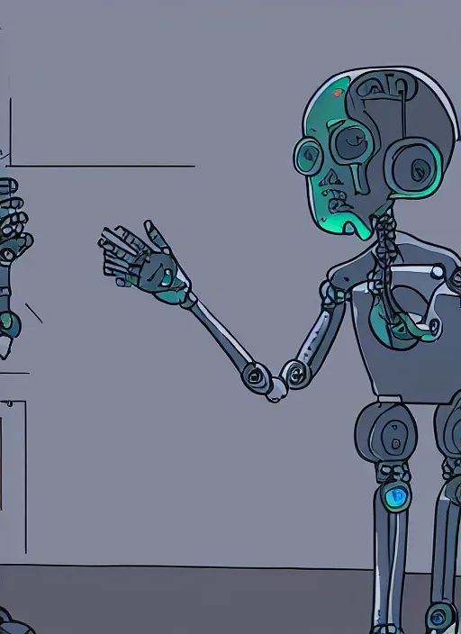 Image similar to an artificial intelligence in a robot short circuiting why studying how human hands look, rick and morty art style illustration, location is a robot factory