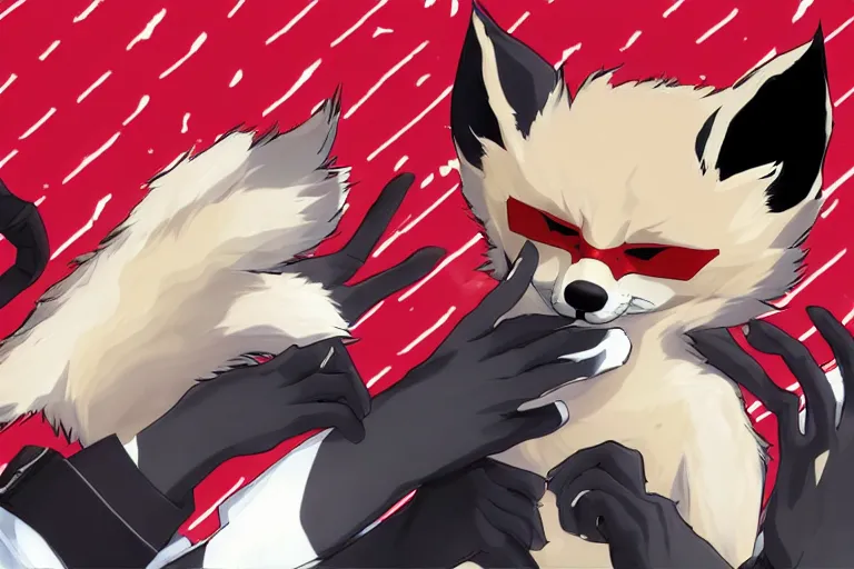 Image similar to a furry tan male fox on a persona 5 : royal ( by atlus ) video game splash screen, a furry male sandcolored tan fox fursona ( has hair ), persona 5 phantom thief style