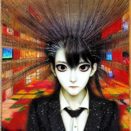 Image similar to yoshitaka amano blurred and dreamy realistic portrait of a woman with white hair and black eyes wearing dress suit with tie, junji ito abstract patterns in the background, satoshi kon anime, noisy film grain effect, highly detailed, renaissance oil painting, weird portrait angle, blurred lost edges, three quarter view