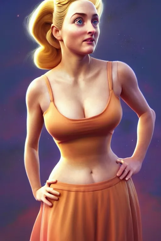 Image similar to polished sweaty princess peach : : young gillian anderson old annasophia robb : : kate upton body : : weta disney pixar movie still photo : : hi - fructose, sci fi, fantasy, decadent highly - detailed digital painting, golden ratio, octane render, artstation, smooth, sharp focus, artgerm, mucha, loish, wlop : :