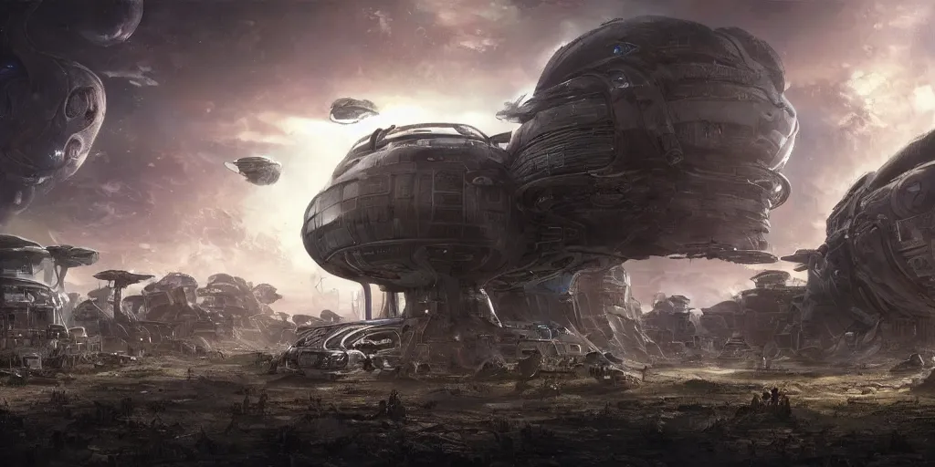 Image similar to small human colony settlement on an alien planet, sci fi, wide shot, style of Aleksi Briclot and Andreas Roch
