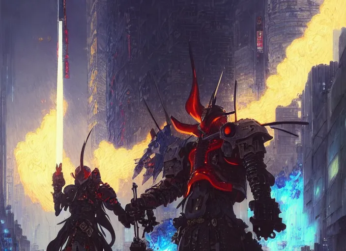 Image similar to two man viking cape evangelion cyborg blue armor sword of fire fighting in cyberpunk tokyo city with explosion by gaston bussiere, anna nikonova aka newmilky, greg rutkowski, yoji shinkawa, yoshitaka amano, tsutomu nihei, muira, moebius, donato giancola, trending on artstation, featured on pixiv