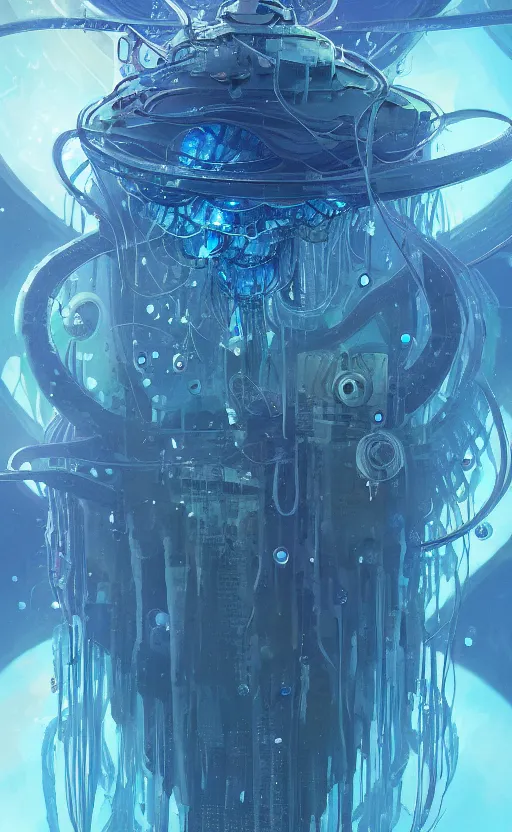 Image similar to Panorama hyper detailed painting of a cyberpunk jellyfish, blue tones, underwater, 8 mm, highly detailed, digital painting, artstation, concept art, smooth, sharp focus, illustration, art by artgerm and greg rutkowski and alphonse mucha