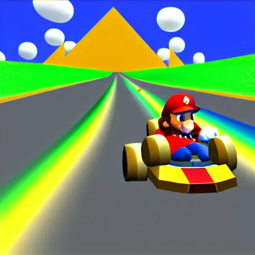 Image similar to thor on rainbow road, mario kart 6 4 screenshot, low poly, aliased