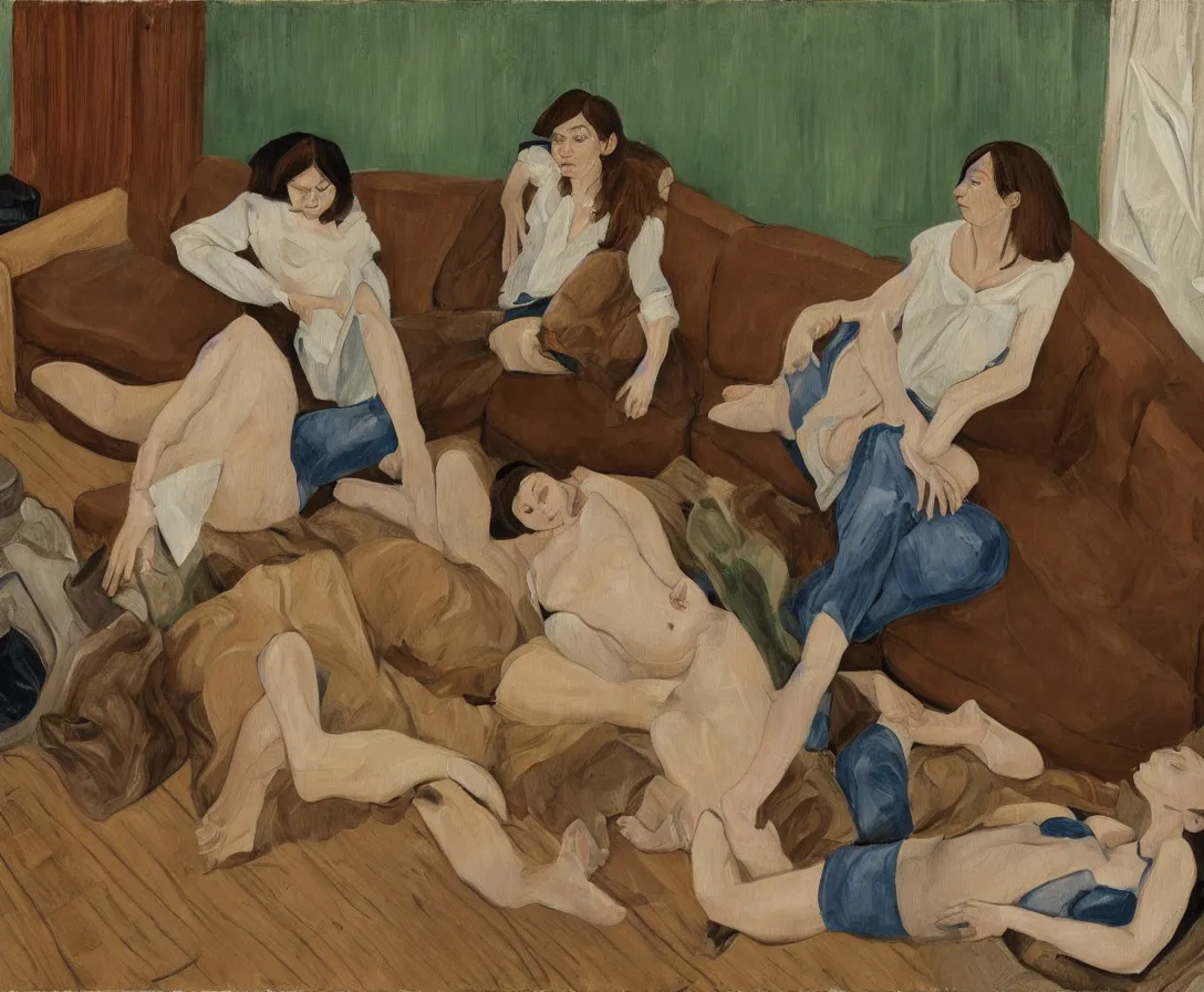 Image similar to portrait of two women lying horizontal, in an empty old english apartment with wooden floor on a brown leather sofa. one is wearing a dark blue sweather, the other a white shirt. brown hair, they are looking into the camera. wide shot. in the style of lucien freud. oil painting. green mood. isometric perspective