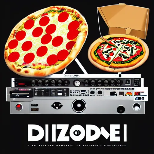 Image similar to album cover of a DJ table with pizza's for vinyl's, realistic, 16k, trending on artstation