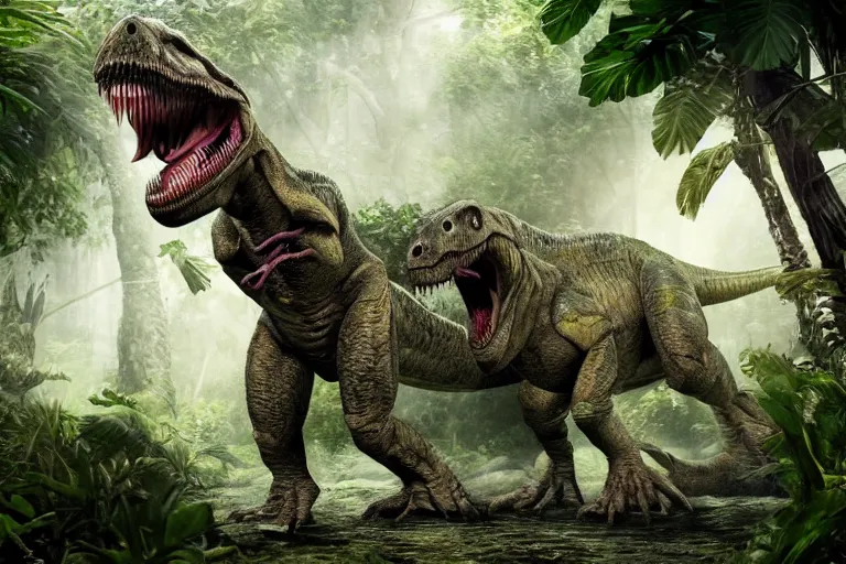 Image similar to a photo of a human fighting a t rex in a fantasy jungle, photorealistic, hd, 8 k