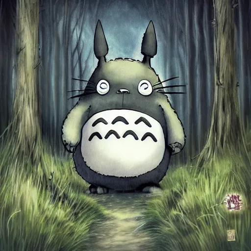 Image similar to totoro with black metal paint in the face, a drummer, electric guitar, dead people around, in the middle of the forest, fantasy digital art, wow, stunning, ghibli style, hight quality