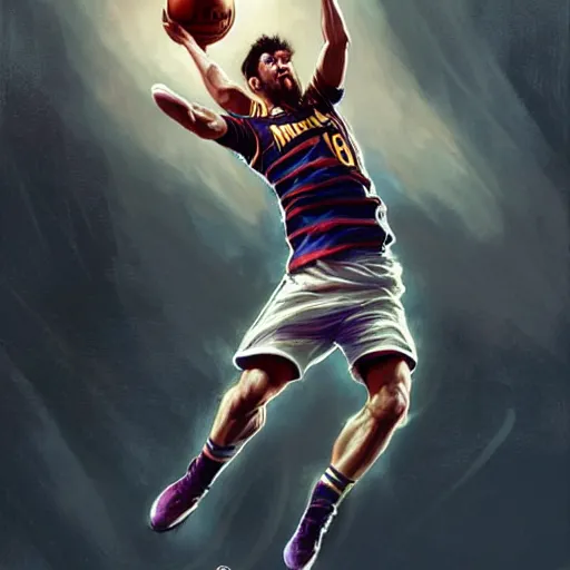 Image similar to Messi dunking a basketball, NBA, D&D style, fantasy, intricate, elegant, highly detailed, digital painting, artstation, concept art, matte, sharp focus, illustration, art by Artgerm and Greg Rutkowski and Alphonse Mucha